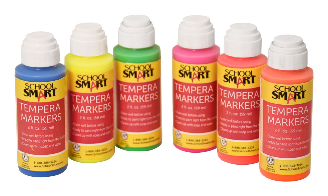 School Smart Tempera Paint Daubers, Poster Marker Set, Fluorescent Neon Colors, Pack of 6